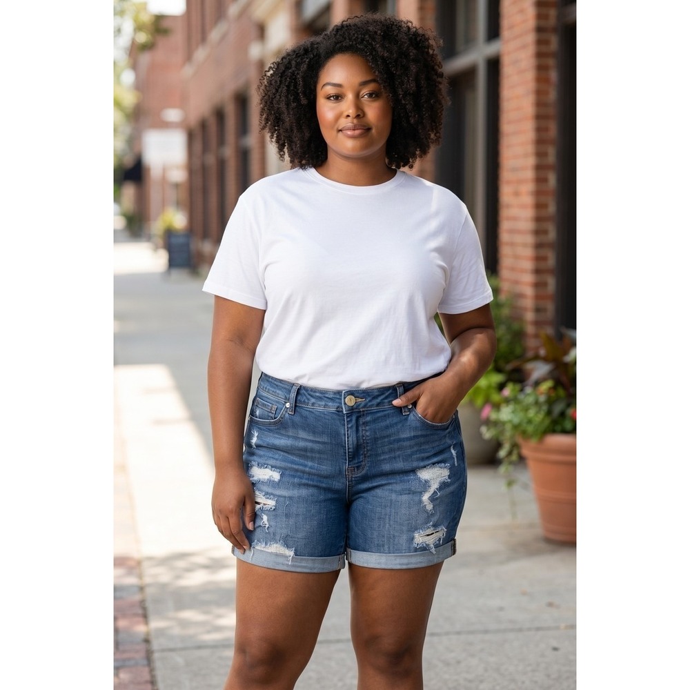 Torrid Womens Size 14 Distressed Denim Shorts Medium‎ Wash Cuffed Jean Shorts